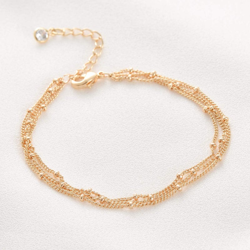 Fettero 14K Gold Bracelet for Women Gold Plated Bracelet Dainty Chain Gold Beaded Bracelet Paperclip/Curb/Figaro/Satellite Chain Adjustable Bracelet Jewelry -Satellite 3 Layer Gold - Image 5